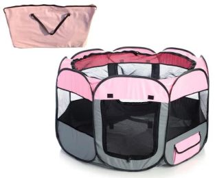 All-Terrain' Lightweight Easy Folding Wire-Framed Collapsible Travel Dog Pen (Color/Size: Pink/Grey-L)