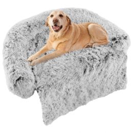 Gray Plush Calming Dog Couch Bed with Anti-Slip Bottom (Size: Medium)